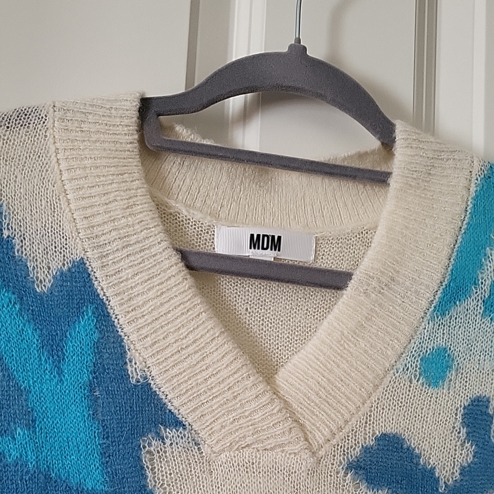 MD'M Ivory Mohair-Blend V-Neck Sweater with Turquoise Pattern Women Size M - Picture 4 of 9